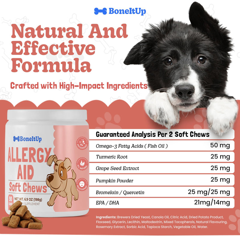 BoneItUp Soft Dog Allergy Chews for Itching, Sneezing, Paw Licking, Seasonal Allergies - Essential Omega-3, Turmeric & Quercetin for Dogs Allergies - Daily Immune & Digestive Dog Allergy Treats (90ct) Allergy Aid