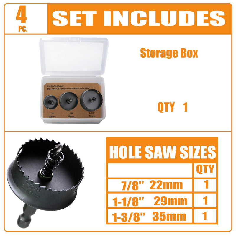 7/8″, 1-1/8″, 1-3/8″ Thin-Wall HSS Bi Metal Hole Saw Cutter Sheet Steel Hole Saw for Impact Driver Plastics Sheet Metal Wood Stainless Steel QHSS-3A
