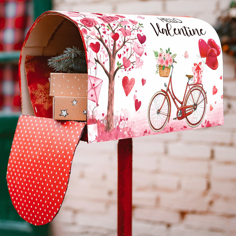 Tiamon Valentines Magnetic Mailbox Cover Valentine's Day Heart Post Box Cover Wraps Valentines Mailbox Covers Standard Size 18 x 21 Inch for Outdoor Yard Home Garden Decorations(Love Tree and Bike) Love Tree and Bike