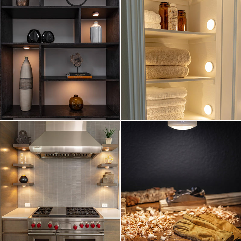 Brilliant Evolution Wireless LED Puck Lights with Remote Control - Battery Operated Lights and Warm Light Under Cabinet, Closet, or Kitchen - Stick On Lights, Under Counter Lighting - Pack of 3, White