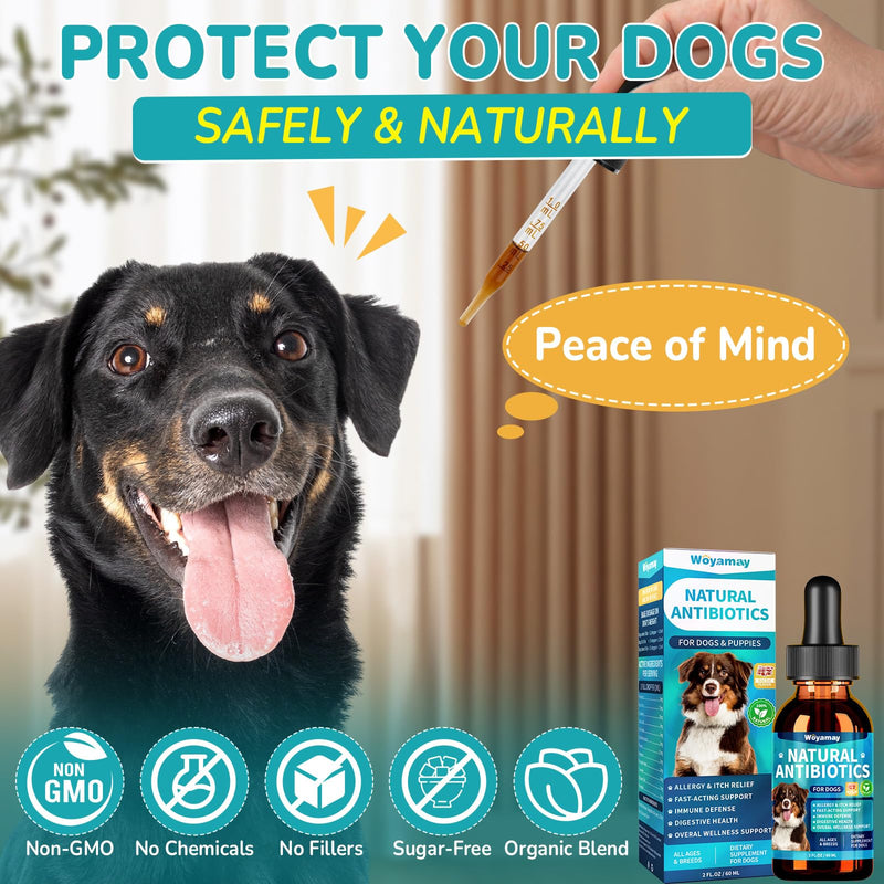 Woyamay Antibiotics for Dogs | Natural Dog Antibiotics for Allergy Relief, Itch Relief, Coughs, Skin Health, Breath Treatment, Digestion | Herbal Supplement to Care for Ears, Eyes & Coat, 2 Fl Oz Bacon 1 Pack