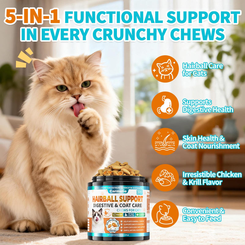 Carmelie Cat Hairball & Calming Chews Bundle, 500 + 500 Crunchy & Creamy Chews – Melatonin, Chamomile & Digestive Fiber Support – Hairball Control & Stress Relief – Chicken & Krill Flavor