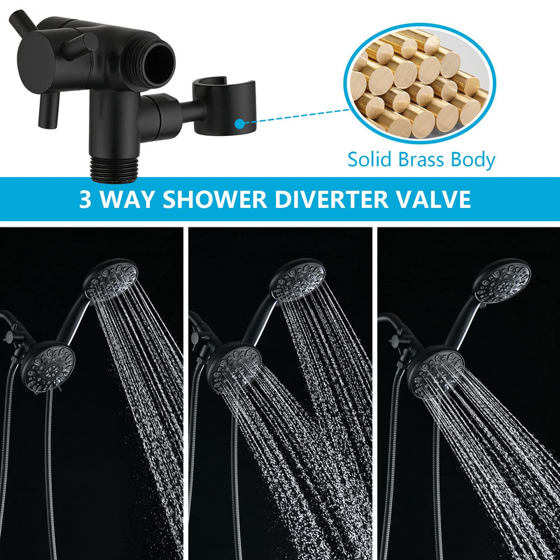 PDPBath Solid Brass 3 Way Shower Arm Diverter Valve with Handheld Holder for Dual Shower Heads with G1/2 Universal Connection - Matte Black