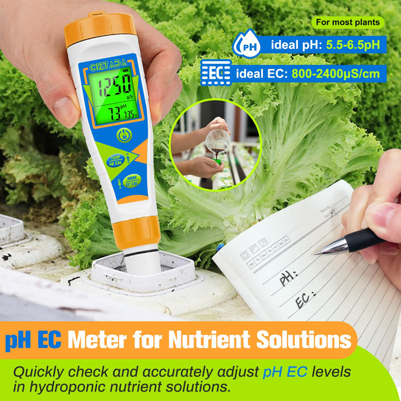 Digital pH Tester for Water pH EC PPM Meter for Hydroponics Nutrients with 1413μs/cm Calibration Solution pH Conductivity TDS Temperature Monitor Meter for Indoor Plant, Pool, Drinking Water EC Meter with Calibration Fluid