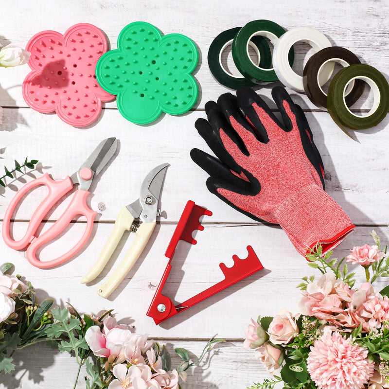 WILLBOND 11 Pcs Rose Thorn Remover Valentine Leaf Stripping Tool Garden Pruning Shear Scissors Kit Thorn Remover for Roses Floral Gloves and Floral Tape for Outdoor Gardening Flower(Pink, Green) Pink, Green