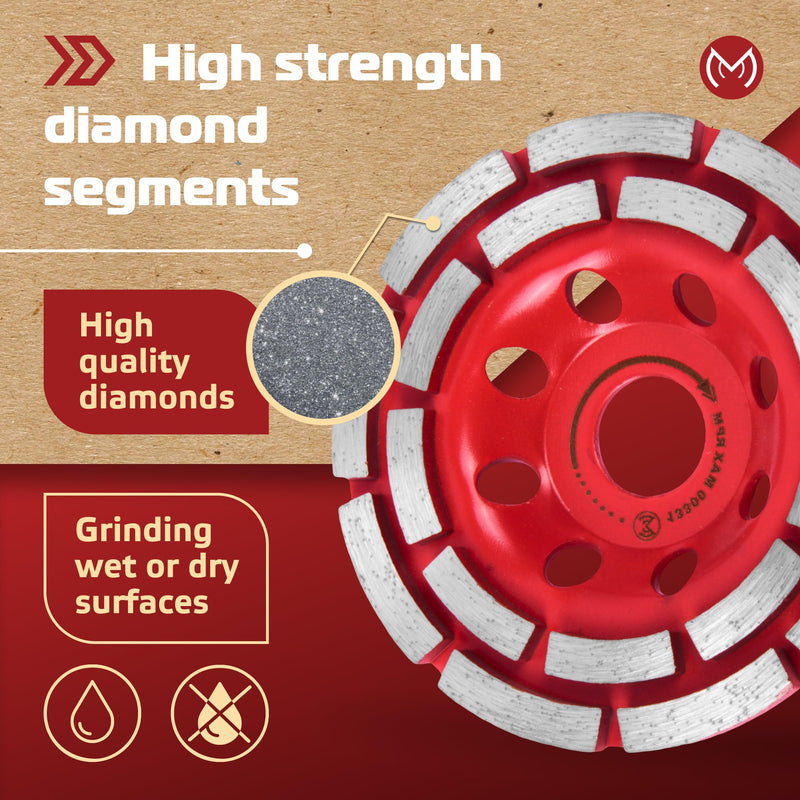 Diamond Grinding Wheel 4 1/2 inch for Angle Grinder, Concrete Grinding Wheel 18 Segments, Cup Grinding Wheel, Double Row Diamond Cup Wheel for Grinding Concrete, Cement, Masonry - Medium Bond