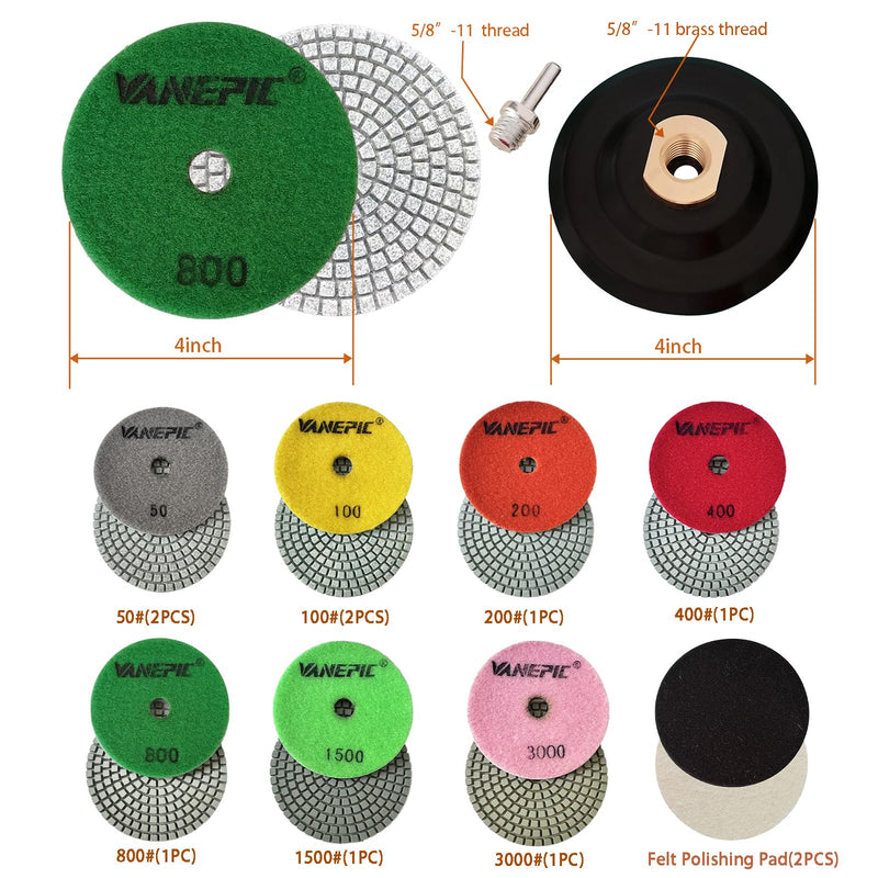 4 Inch Diamond Polishing Pads Marble polishing kit 50-3000 Wet/Dry Set 12 Pieces for Drill Grinder Polisher for Concrete Marble Quartz Stone Countertop Granite polishing refurbishment