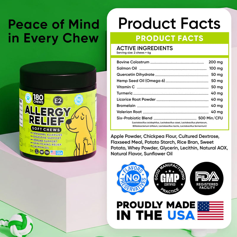 Dog Allergy Relief Chews – Anti Itch for Dogs with Colostrum & Salmon Oil – Reduces Paw Licking & Hot Spots – Omega 3 Fish Oil - Dry Skin & Coat Supplement for a Happy, Healthy Pup - 180 Count