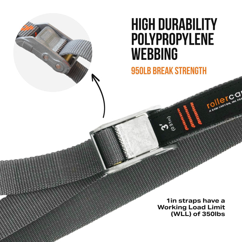 Rollercam 1.0” Tiedown Straps with Rollercam Buckle - Cam Strap Polypropylene Webbing w/Triple-Bar Tack Stitching – Outdoor Gear Heavy-Duty Lashing Straps, 350 lb Load, Straight End, 4 Pk, 6 Ft, 3 Ft 3 Foot