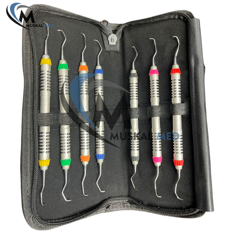 Set of 7 Gracey Dental Periodontal Curettes 1/2-13/14 Double Ended Special Handle Stainless Steel Dental Instruments with Carrying Case Kit 2304