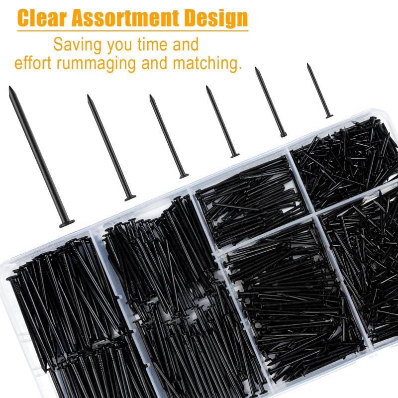 KURUI Hardware Nails for Hanging Pictures Assorted Kit,700pc Black Picture Hangers for Photo Frame Art Canvas, 6 Sizes Small Finish Nails Assortment Kit,640 Frame Nails and 60 Wall Finishing Nails 700Pcs Black Nails
