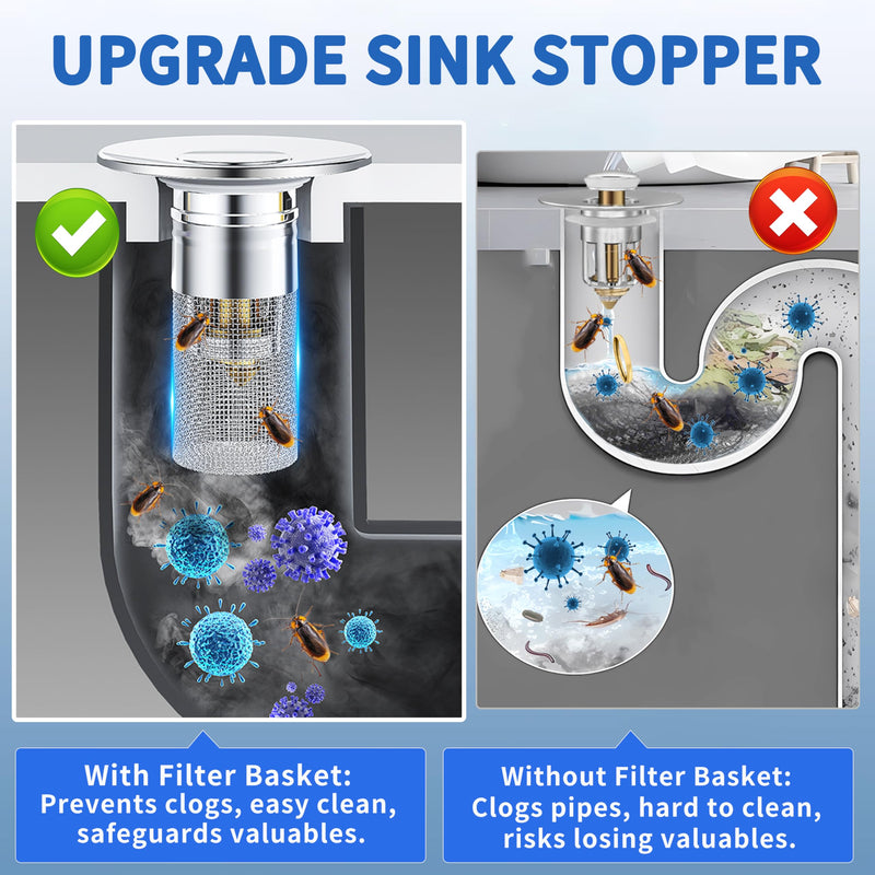 2PCS Bathroom Sink Stopper Strainer, Pop-Up Bathroom Sink Drain Strainer with Removable Stainless Steel Hair Catcher Basket, Universal Fit for US Bathroom Sinks, Bathtubs, Showers & Floor Drains 2pcs