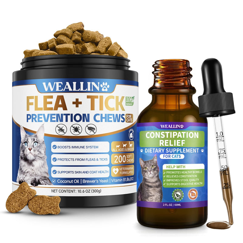Flea and Tick Prevention for Cats for Natural Flea Defense + Cat Constipation Relief for Digestive Health Support Bundle, Multi-Care Solution