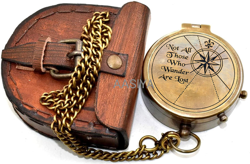 AASIYA Not All Those Who Wander are Lost Brass Gift Engraved Compass with Leather case, Graduation Day Baptism Communion Confirmation Day Motivational LOTR J.R.R. Tolkien