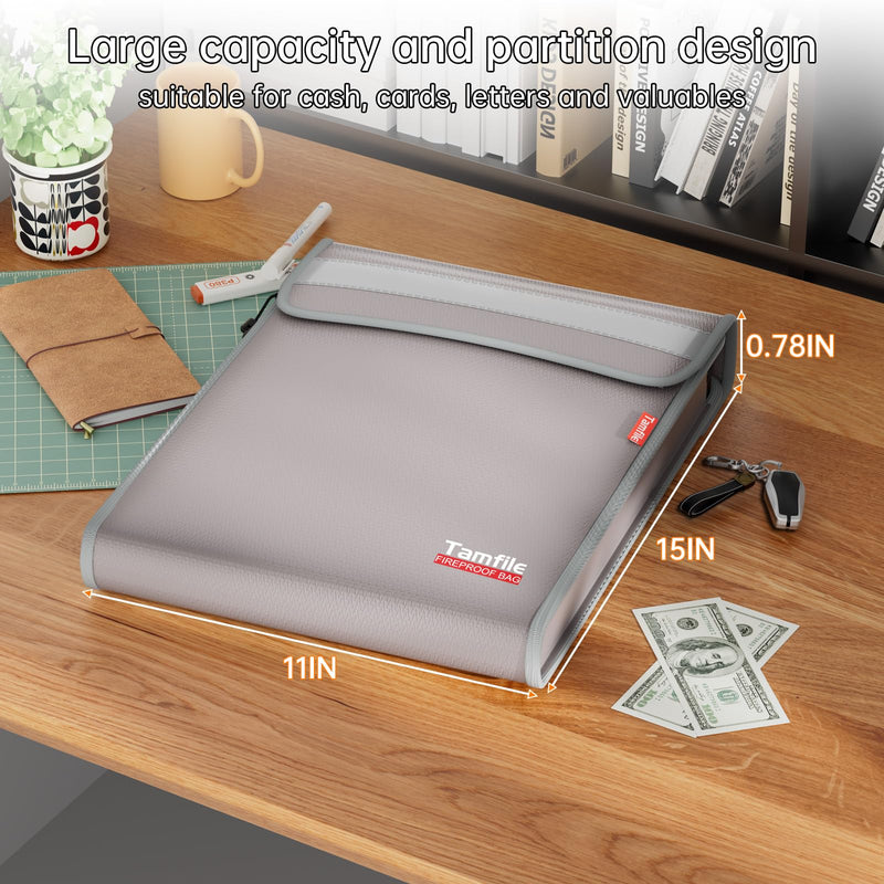 6400℉ Fireproof Document Bag with Zipper, 15”x 11” Waterproof Fireproof Money Bag with 2 Pockets, Safe Important Document Organizer for A4 A5 Legal Letter Size, Valuables, Legal Documents (Grey) Grey 15"x 11"