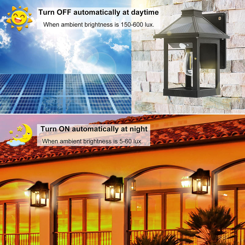 2 Pack Solar Wall Lanterns Outdoor with 3 Modes, Dusk to Dawn Motion Sensor LED Sconce Lights IP65 Waterproof, Exterior Front Porch Security Lamps Wall Mount Patio Fence Garage Decorative Black (2 Pack)