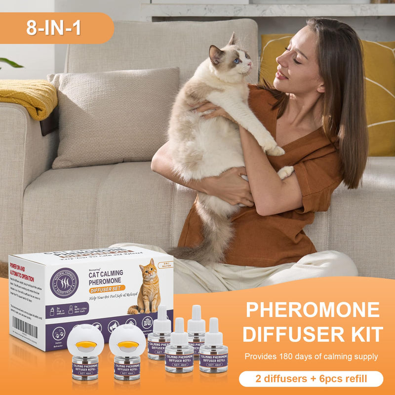 Reespring Cat Pheromones Calming Diffuser: Premium Pheromone Diffuser for Cats - Cat Pheromones Diffuser - Cat Calming Diffuser - Cat Calming Pheromone Diffuser (2 diffusers+ 6 Refills-Upgraded)