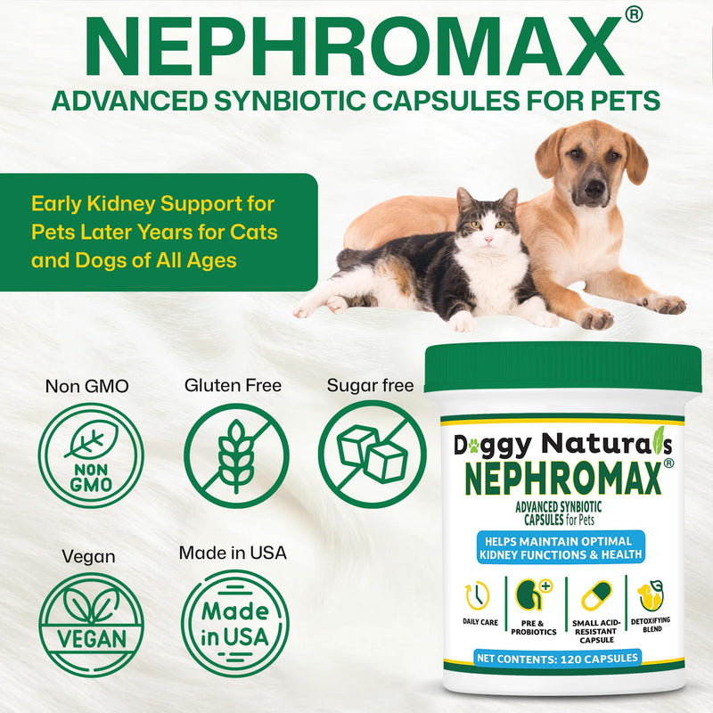 NEPHROMAX™ Synbiotic Capsules for Kidney Support for Dogs & Cats - 36 Billion CFU-Advanced Next-Generation Enteric detoxifying Blend of Pre & Probiotics Kidney Support U.S.A (120 Small Capsules) 120 Caps