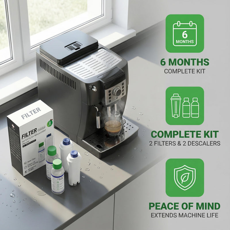 Descaling Kit Compatible with Delonghi Coffee Machines: 2 Full Maintenance Cycles | 2 Compatible with De'Longhi water Filters + 2x100ml Descaling Solution Replace Every 3 Months （6-Month）