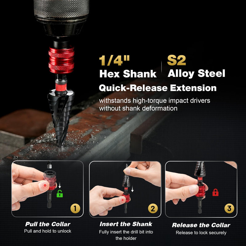 EZARC Step Drill Bit for Metal (1/4"- 1-3/8")，M35 Cobalt Step Drill Spiral Flute Unibit Wear-Resistant AlTiN Coated, 5/16" Thickened and 1/4" Hex Shank for Stainless Steel, Aluminum, Plastic 1/4"- 1-3/8"