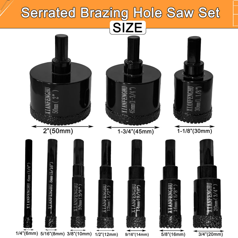 Diamond Core Drill Bits Set 1/4" to 2" Diamond Hole Saw Drill Bit for Ceramic Porcelain Tile Stone Granite Marble 10PCS 1/4~2inch