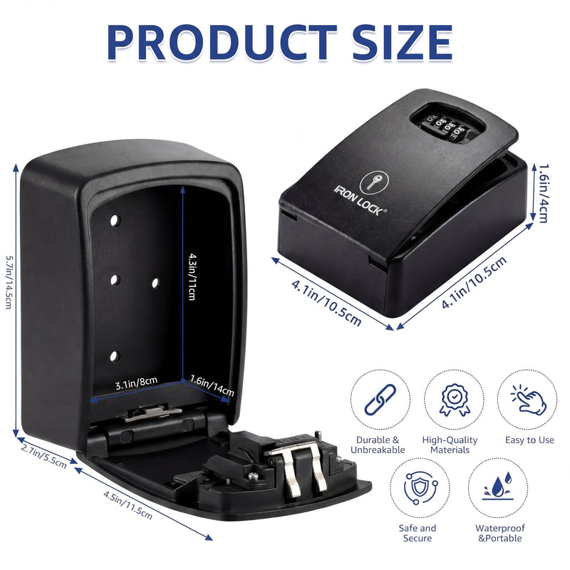 Iron Lock® Key Lock Box XXL Wall Mount – Waterproof Outdoor Key Safe with Heavy-Duty Metal Body & 4-Digit Combination – Lock Box for Keys Outside for Home, Rentals & Realtors Extra Large (Black, XXL) 2X-Large Black
