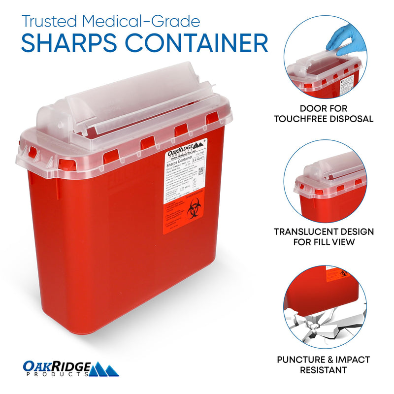 Oakridge Products Transparent Sharps Container for Home Use and Professional 5.4 Quart (1-Pack), Touchless Biohazard Needle and Syringe Disposal, Rotating Lid, CDC Certified medium 1