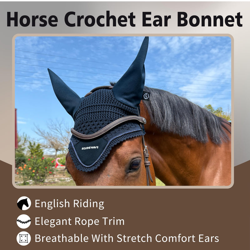 EQUINEWAVE Horse Fly Bonnet, Breathable Crochet Ear Bonnet with Stretch Comfort Ears, Contoured Fit for English Riding NAVY