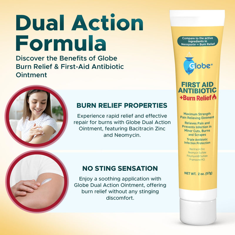Globe First Aid Antibiotic Burn Relief, Maximum Strength Triple Antibiotic Ointment for 24-Hour Infection Protection 2 Ounce