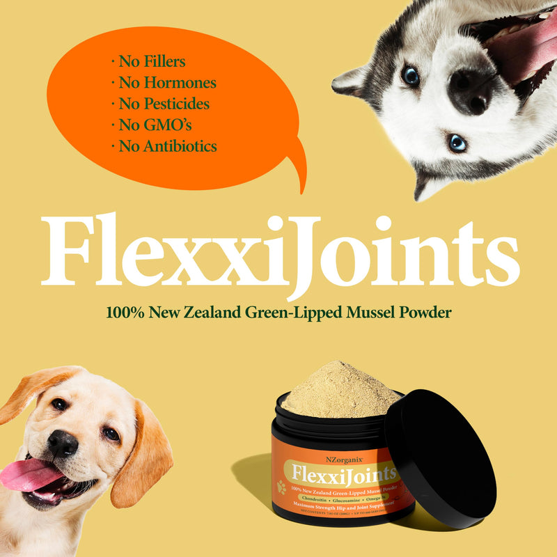NZorganix FlexxiJoints 100% New Zealand Green-Lipped Mussel Powder, Hip & Joint Support Formula for Dogs & Cats, with Glucosamine, Chondroitin 200g (600 Servings) - PawsPlanet Australia