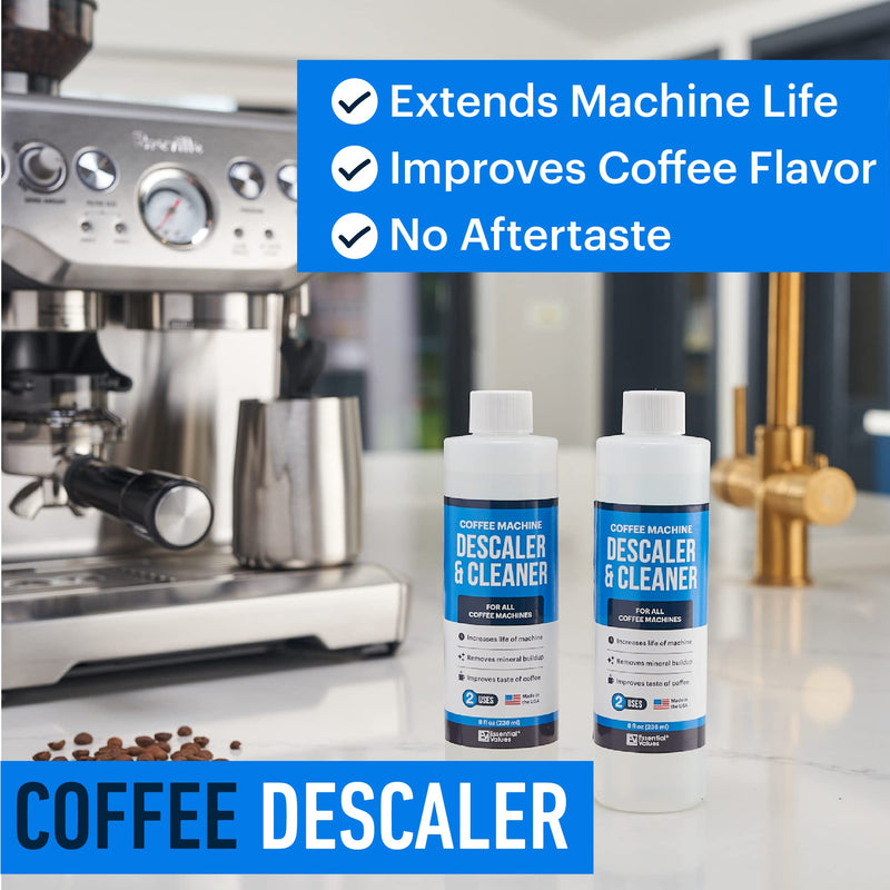 Essential Values Universal Descaling Solution for Keurig Breville Nespresso & Delonghi (4 Uses) | Coffee Machine Descaler Cleaner | Liquid To Descale Automatic Coffee Makers & Espresso Machines 8 Fl Oz (Pack of 2)