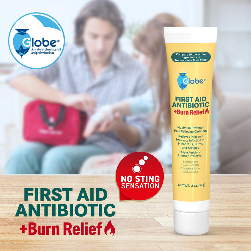 Globe First Aid Antibiotic Burn Relief, Maximum Strength Triple Antibiotic Ointment for 24-Hour Infection Protection 2 Ounce