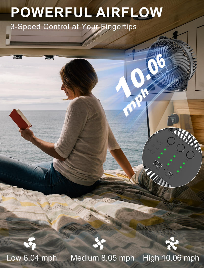 Magnetic Cruise Ship Approved Fan, 12000mAh Battery Operated Travel Fan with 5 Speeds, LED Lantern, Timer, Magnetically Sticks on Cabin Ceilings and Walls, Cruise Essentials 2026 Black