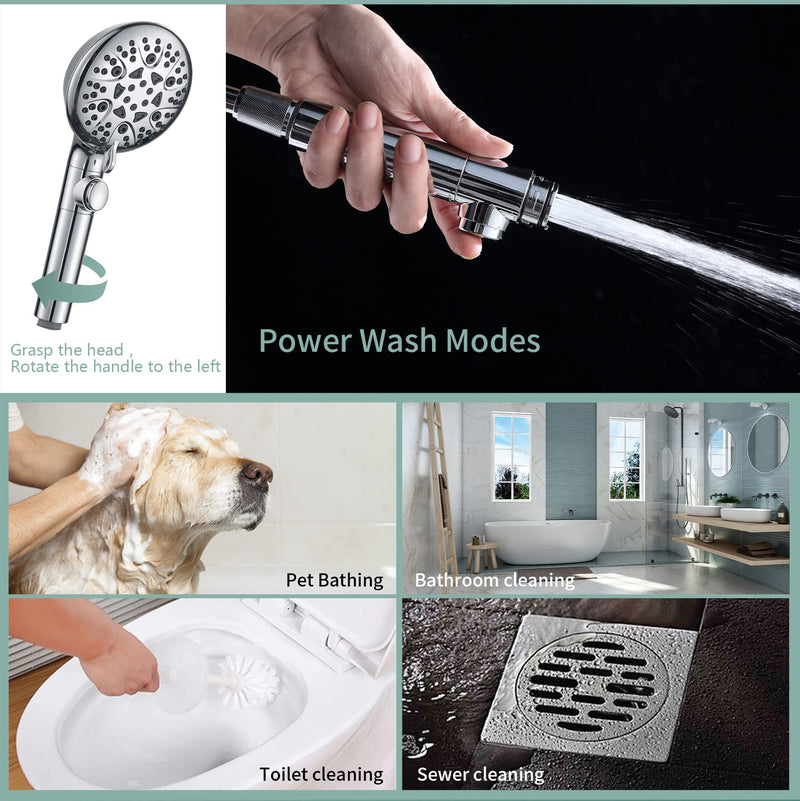 Handheld Shower Heads with ON OFF Switch,Extra Long 79-inch Hose 8 Spray Settings High Pressure Detachable Showerhead,Built-in Power Sprayer to Clean Pets, Adjustable Angle Bracket,Silver
