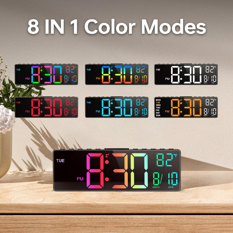 JALL 10.5'' Digital Large Alarm Clock with 8-in-1 RGB Colors, Date, Month, Temperature LED, Auto DST, Modern for Desk, Wall, Living Room, Bedroom, Birthday Xmas Gift (Black, 10.5 inches) Black