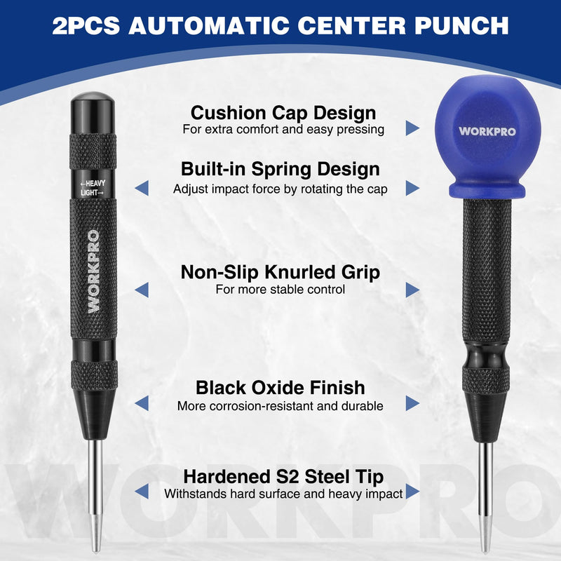 WORKPRO 2PCS Automatic Center Punch with an Extra Replacement Tip, Adjustable Spring Loaded Center Punch, Metal Punch Tool, Center Hole Punch for Wood, Metal, Plastic 2pcs Auto Center Punches with a Replacement Tip