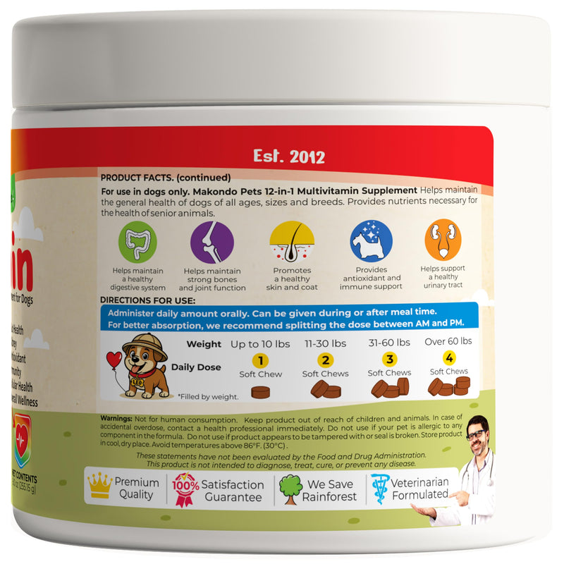 Multivitamin for Dogs 12 in 1 Soft Chews (120) – Dog multivitamin with probiotics + Digestive enzymes, Energy, Joints, Skin & Coat Support, Immune Defense & Gut Health, Cranberry Urinary Care
