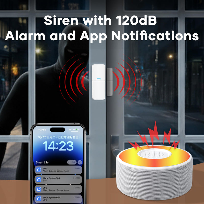 tolviviov WiFi Smart Door/Window Alarm System 8-Piece Kit – App Alerts, Compatible with Alexa, No Monthly Fee, Expandable DIY Wireless Home Security, 1 Siren, 5 Sensors & 2 Remotes (8 Pack) W2