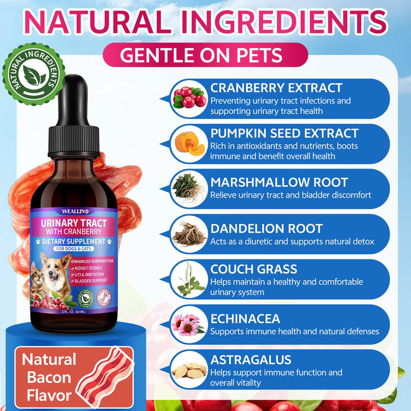 WEALLIN Cat & Dog Natural Urinary Tract Infection Treatment with Cranberry, Kidney, and Bladder Support Supplement, Support for Urinary Comfort & Bladder Flow – Pet Renal Care Support Drops 1 PC