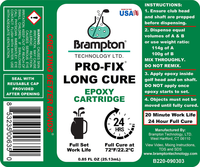 Brampton PRO-FIX Long Cure Golf Epoxy - Full Set Work Life - Extra Strength - Golf Epoxy for All Golf Shafts, Golf Heads, Drivers, Putters, and Irons - Engineered for The Golf Industry (0.85oz) .85 Ounce