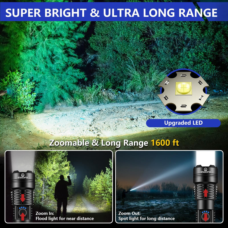 Esgofo Flashlights High Lumens 100000 Rechargeable, Super Bright Handheld LED Flash Light, Powerful Emergency Linternas, Waterproof, Long Lasting, for Hiking Camping Gift 20.0 Watt Hours