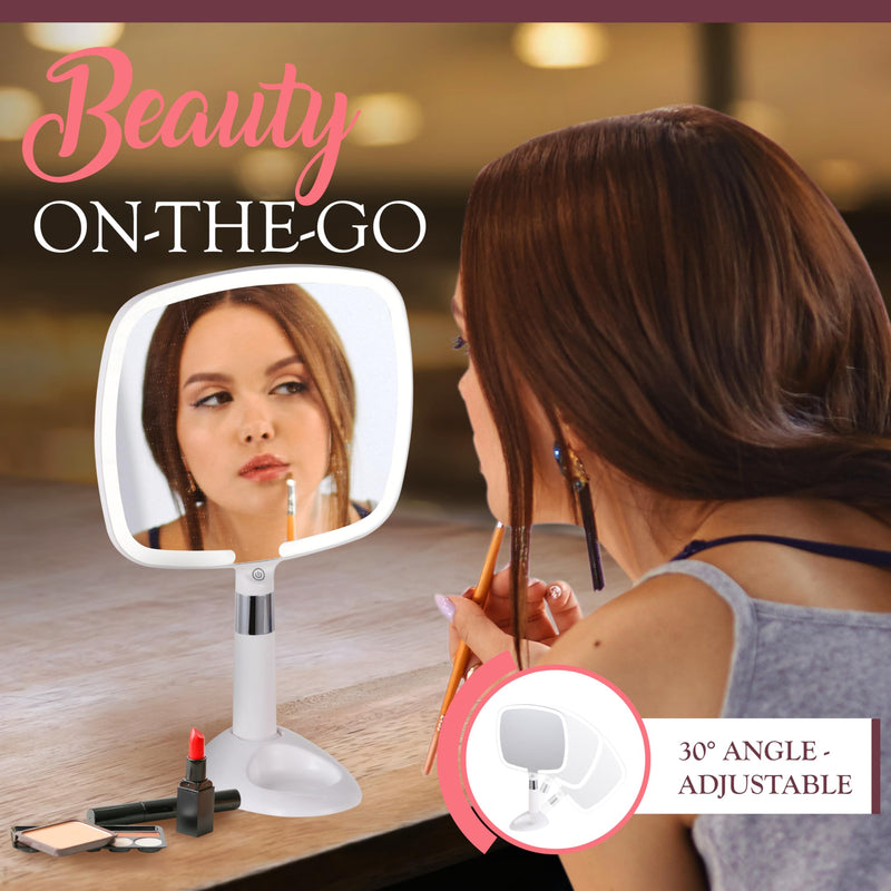 MIRRORVANA Lighted Travel Hand Mirror with Comfy Handle and Detachable Stand - Portable, Thin and Lightweight Design - Rechargeable with 3 LED Light Settings - 9" x 13" (White) White