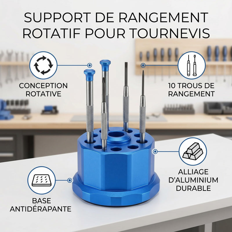 Screwdriver Storage Rack, 10 Holes Rotating Organizer Holder | Aluminum Alloy Anti-Slip Base, Space Saving Design for Workshop, Garage, Tool Bench
