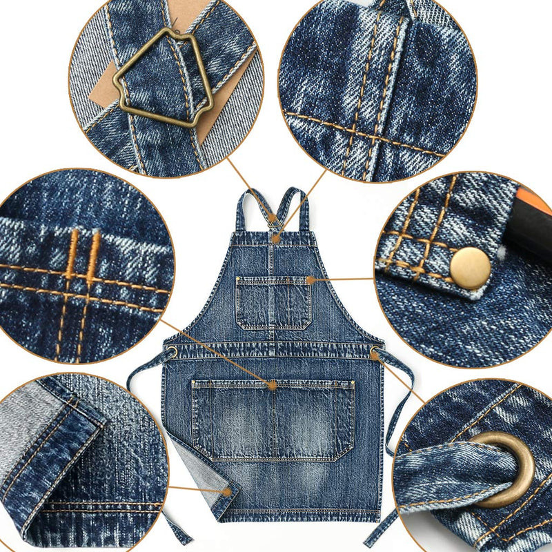 Jeanerlor Women's Cross Back Apron with Tool Pockets for Women Denim Work Teacher Aprons for Hair Stylist Cooking Kitchen (Blue) Adjustable S to M Medium Denim Blue