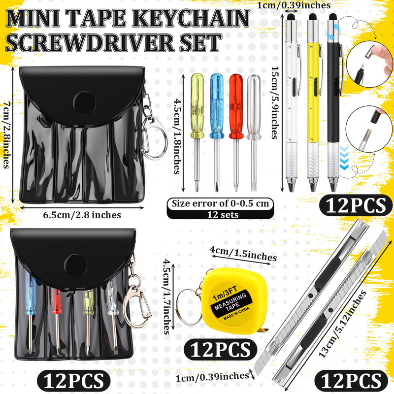 AmazingSpark 48 Pcs / 12 Set Men Gift Bulk Mini Screwdriver Keychain Tape Measures Multitool Pen Retractable Box Cutter Father Birthday Adult Party Favor