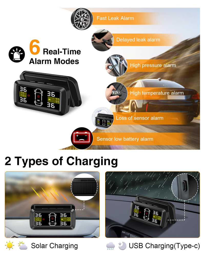 Tire Pressure Monitoring System Upgrade Detached Bracket Wireless Solar TPMS Tire Pressure Monitor Installed on Windowshield with 4 External Sensors Real-Time Display 5-87PSI for Car RV SUV MPV