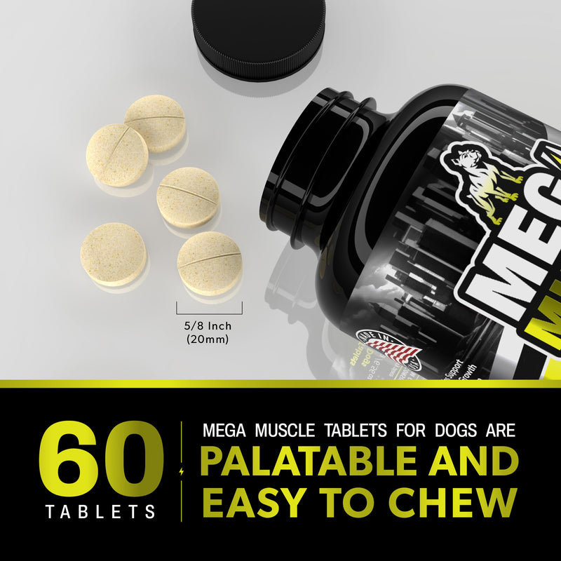 Mega Muscle - 60 Tablets Muscle Gain | Daily Booster Chewable Tablets Multivitamin for Dogs in All Life Stages | High Protein, Weight Gain Puppy & Adult Dog Supplement | Chicken Flavor