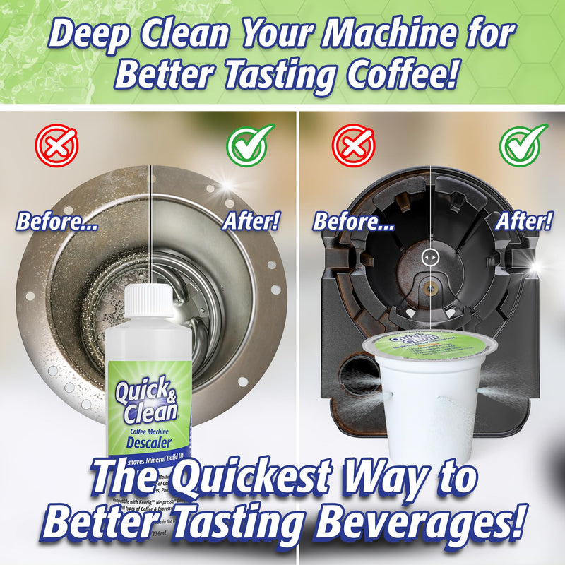 Quick & Clean 4-Pack of Cleaning Cups with Descaler Bundle (2 Total Uses) - 2.0 Compatible, Descaling Solution for Keurig, Nespresso, Ninja, Delonghi, All Coffee and Espresso Machines