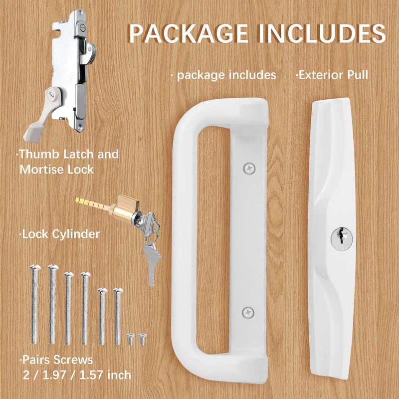 White Patio Door Handle Set with Cylinder Lock,Suitable for Replacement Sliding Patio Doors Lock 3-15/16”Screw Hole Spacing.Choices That Add a Unique to Your Patio Glass Sliding Door. White