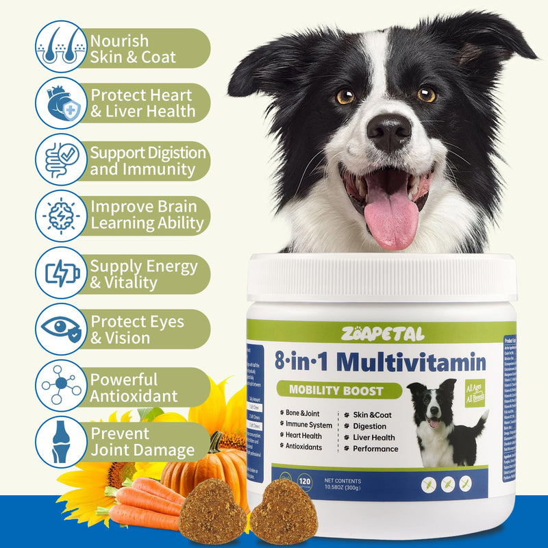 Dog Multivitamin Soft Chews – Glucosamine, Chondroitin, Probiotics & Omega-3 for Joint, Skin & Coat, Heart, Digestive & Immune Support – Chicken Flavor, 120 Soft Chews, ZOAPETAL